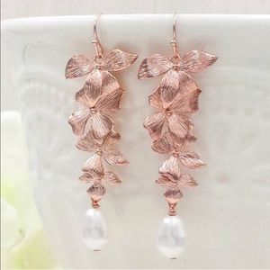 NEW! Rose Gold Orchid and Pearl Drop Earrings